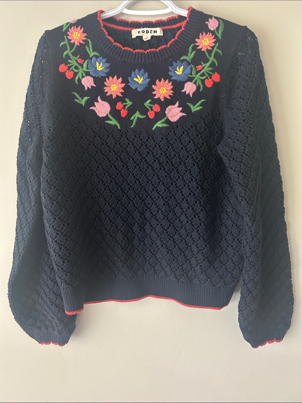Boden Navy Floral Embroidered Crewneck Sweater
